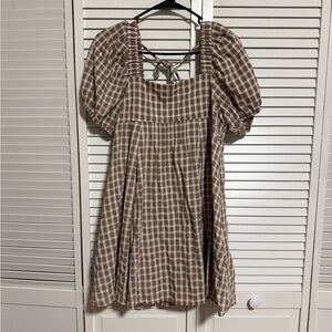 Brown and White Checkered Puff Sleeve Dress